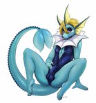 2016 absurd_res anthro anthrofied anus_outline arm_support balls_outline blonde_hair blush blush_lines bulge butt clothed clothing crossdressing detailed_bulge eeveelution erection erection_under_clothing femboy fin frill_(anatomy) front_view full-length_portrait generation_1_pokemon genital_outline glistening glistening_hair hair head_fin hi_res kyma long_tail looking_at_viewer male male_anthro marine neck_frill nintendo nipple_outline one-piece_swimsuit open_mouth penis_outline plantigrade pokemon pokemon_(species) pokemorph portrait presenting_bulge presenting_crotch purple_eyes raised_tail short_hair simple_background sitting solo spread_legs spreading swimwear tail tight_clothing vaporeon white_background