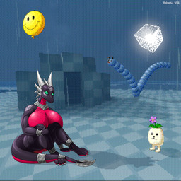 abstract_background accessory anklet anthro anthrofied belly big_breasts black_body bracelet breasts collar female flower furgonomics grey_horn group hand_on_knee hand_on_leg horn huge_breasts jewelry looking_down markings non-mammal_breasts nude plant red_belly ring scales sitting smiley_face spade_tail tail tail_accessory tail_jewelry tail_ring thick_thighs ventral_scales white_markings ahkvenir activision mythology spyro_the_dragon cynder dragon mythological_creature mythological_scalie scalie 1:1 digital_media_(artwork) hi_res pixel_(artwork)