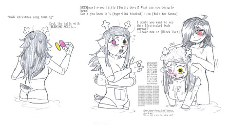 anthro bathing_together black_hair breasts dialogue doll_joints featureless_breasts featureless_crotch female freckles fusion hair heterochromatic_glasses imposter_syndrome nude solo text anonymous_artist deltarune undertale_(series) fan_character kris_dreemurr noelle_holiday spamelle spamton_g._spamton deer mammal new_world_deer reindeer robot_anthro comic english_text hi_res