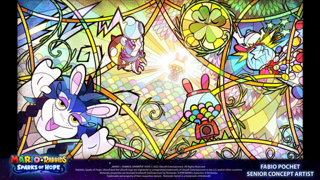 ambiguous_gender antennae_(anatomy) anthro blue_hair braided_pigtails broken_object brown_stripes clover_(plant) copyright_symbol curled_antennae duo eyelashes female female_anthro flying freckled_face freckles fur furrowed_eyebrows gumball_(candy) gumball_machine hair half-closed_eyes holding_object holding_teapot insect_wings long_ears long_eyelashes long_hair looking_at_viewer mitten_hands narrowed_eyes noseless open_mouth pink_inner_ear pink_tongue plant purple_eyelids smile smiling_at_viewer stained_glass stinger striped_body striped_fur stripes symbol teapot text title tongue tongue_out vines white_body white_fur wings year yellow_body yellow_fur fabio_pochet mario_bros mario_plus_rabbids_sparks_of_hope nintendo raving_rabbids rayman_(series) ubisoft bea_(mario_plus_rabbids) arthropod bee bee-rabbid elemental_creature flora_fauna hybrid hymenopteran insect lagomorph mammal rabbid 16:9 2022 4k absurd_res artist_name colored crossover digital_drawing_(artwork) digital_media_(artwork) english_description english_text hi_res official_art widescreen