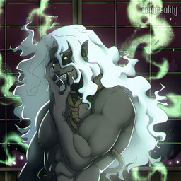 abs black_sclera grey_body grey_skin grin hair hand_on_face long_hair looking_at_viewer male muscular muscular_humanoid muscular_male narrowed_eyes nipples nude pecs rope_around_neck sharp_teeth smile solo teeth text demireality humanoid 1:1 artist_name half-length_portrait hi_res portrait