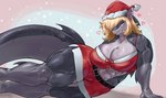 abs anthro big_breasts blonde_hair bottomwear breasts christmas_clothing christmas_headwear cleavage clothed clothing eyebrows female fin hair half-closed_eyes hat headgear headwear heart_symbol holidays long_hair looking_at_viewer muscular muscular_female narrowed_eyes non-mammal_breasts non-mammal_ears non-mammal_hair santa_hat shorts smile solo tail tail_fin thick_thighs topwear wide_hips thedarkzircon christmas fish marine shark 2024 absurd_res artist_name hi_res