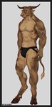 abs anchor_tattoo anthro black_border black_clothing black_eyes black_underwear border bottomwear clothing facial_piercing hooves horn jockstrap male muscular muscular_anthro muscular_male navel nipples nose_piercing nose_ring pecs piercing ring_piercing simple_background solo standing tattoo underwear ekzonzz bovid bovine cattle mammal 2021 hi_res