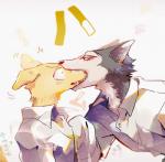 anthro clothed clothing duo exclamation_point fur grey_body grey_fur head_nom male nom shirt text topwear yellow_body yellow_fur mafufu69 beastars jack_(beastars) legoshi_(beastars) bird_dog canid canine canis domestic_dog hunting_dog labrador mammal retriever wolf 2019 japanese_text