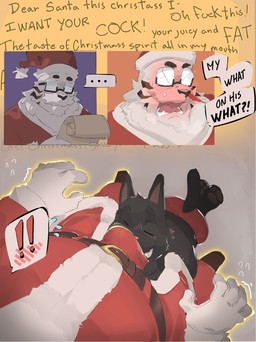 anthro anthro_on_anthro beard biped blush briefs christmas_clothing christmas_headwear clothing crotch_sniffing dialogue duo eyewear facial_hair fur glasses hat headgear headwear heart_symbol holidays inside male male/male mature_male santa_hat sniffing speech_bubble text underwear white_body white_fur gato_matero christmas frost_byte gato_matero_(character) santa_claus domestic_cat felid feline felis mammal pantherine tiger 2024 comic english_text hi_res