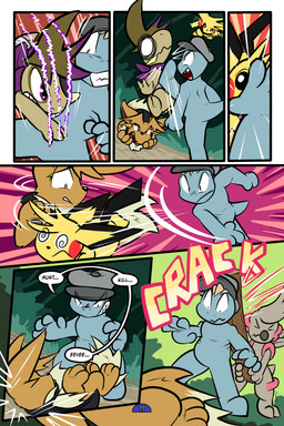 4_fingers 6_panel_comic ambiguous_gender attack battle biped black_cape black_clothing black_eyes black_nose black_text blue_body brown_body brown_eyes brown_fur brown_hair cape cheek_spots claws clenched_teeth clothing day dialogue dizzy_eyes dodging dot_pupils electricity ellipsis eye_patch eyebrows eyelashes eyes_closed eyewear feral fight fingers fluffy fluffy_tail forest fur group hair hand_on_face hat headgear headwear kick kicking_another looking_at_another lying motion_lines mouth_closed neck_tuft on_back on_ground open_mouth outside page_number paws plant pupils purple_eyes purple_scarf quadruped red_cheeks scarf sharp_teeth shrub sound_effects speech_bubble tail teeth text throwing_character tongue toony tree tuft tusks white_sclera wood_board yellow_body virmir nintendo pokemon pokemon_mystery_dungeon spike_chunsoft medik_jackal twobyfour_(virmir) virmir_(character) zinc_(zincxiron) axew eevee generation_1_pokemon generation_2_pokemon generation_5_pokemon humanoid machop pichu pokemon_(species) timburr 2025 2:3 absurd_res comic english_text hi_res signature male_(lore)