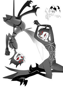 4_eyes animal_genitalia anthro bdsm beak blush bodily_fluids bondage bound cloaca cloaca_juice duo feathers feet genital_fluids genitals hanging_by_waist horn male multi_eye nude red_eyes restraints rope rope_bondage rope_harness solo_focus sweat tail tail_feathers talons toes upside_down oboroboroo hellaverse helluva_boss blitzo_(helluva_boss) stolas_(helluva_boss) avian demon imp owl_demon absurd_res hi_res monochrome spot_color