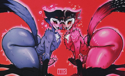 4_eyes all_fours anthro arm_tuft big_butt blue_body blue_feathers blush bodily_fluids butt circumcised duo elbow_tuft erection feathers femboy genitals heart_symbol humanoid_genitalia humanoid_penis male male/male multi_eye nude_anthro nude_male penis red_body red_eyes red_feathers saliva saliva_on_tongue saliva_string side_view thick_thighs tuft vein veiny_penis kojoarts hellaverse helluva_boss stolas_(helluva_boss) avian bird owl owl_demon parrot 2024 english_description hi_res