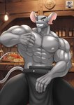 anthro biped black_nose bottomwear clothing detailed_background grey_body humanoid_hands male muscular muscular_male nipples pants pecs sitting solo alabuster cookie_run cheesemaster_(cookie_run) mammal murid murine rat rodent 2024 absurd_res hi_res