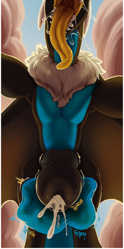 anthro balls black_body blue_background blue_body bodily_fluids border claws cock_vore cum erection fur genital_fluids genitals glorp knot knotted_penis logo long_tongue male mouth_shot open_mouth penile penis saliva simple_background slorsh solo splurt throbbing throbbing_penis tongue vore white_body white_border white_fur wings zeanlain mythology ahab_(ahugebird) dragon mythological_creature mythological_scalie scalie 2025 absurd_res artist_logo colored hi_res