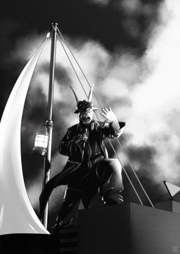 5_fingers anthro black_clothing boat clothed clothing eyes_closed fingers hair horn lamp lantern male open_mouth sailing_boat sailing_watercraft solo teeth tongue vehicle watercraft kenobear eurovision_song_contest jj_(eurovision) bovid caprine goat mammal 2025 hi_res signature