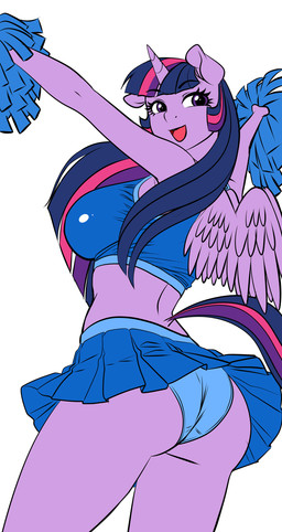 anthro biped blue_clothing blue_panties blue_underwear bottomwear breasts butt cheerleader clothed clothing eyelashes feathered_wings feathers female hair horn miniskirt multicolored_hair open_mouth panties pom_poms pupils purple_body purple_eyes simple_background skirt smile solo underwear wings pia-sama friendship_is_magic hasbro my_little_pony mythology twilight_sparkle_(mlp) equid equine mammal mythological_creature mythological_equine winged_unicorn absurd_res hi_res
