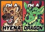 2_horns anthro bared_fangs biped black_sclera brown_body brown_fur curved_horn duo fur green_body green_scales horn looking_at_viewer male orange_eyes red_eyes scales sharp_fangs muttasaur mythology dragon hyena mammal mythological_creature mythological_scalie scalie 2024 hi_res