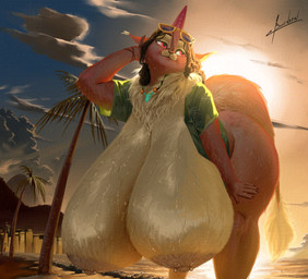 1_horn 5_fingers anthro areola barbell_piercing beach bent_over big_areola big_breasts black_hair bottomless bottomless_anthro bottomless_female bracelet breasts clothed clothing detailed_background exposed_breasts eyewear eyewear_on_head female female_anthro fingers fur glistening glistening_breasts hair hand_behind_head hand_on_leg hand_on_own_leg hand_on_own_thigh hand_on_thigh hanging_breasts horn huge_breasts humanoid_hands hyper hyper_breasts jewelry looking_aside neck_tuft necklace nipple_barbell nipple_piercing nipples open_clothing open_shirt open_topwear orange_body orange_fur palm_tree piercing plant red_eyes shirt solo sunglasses sunglasses_on_head sunset tail tan_body tan_fur text thick_thighs topwear tree tuft wearing_sunglasses wet_breasts blulesnsfw mari_(traumerei) chinchilla chinchillid hybrid mammal rodent 2024 absurd_res artist_name hi_res signature