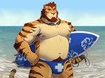 anthro beach belly blue_clothing blue_eyes blue_sky blue_speedo blue_swimwear bottle brown_hair clothed clothing container eyewear facial_hair fur goggles hair hand_on_hip holding_bottle holding_container holding_object holding_surfboard looking_at_viewer lotion_bottle male musclegut muscular muscular_thighs navel nipples orange_body orange_fur pecs plus_sign pubes sea seaside sky solo speedo speedo_only standing striped_body striped_fur stripes surfboard swimwear topless water zcdartz after_class lars_(after_class) felid mammal pantherine tiger 2023 hi_res