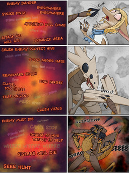 anthro attack blonde_hair cerci_(anatomy) female group hair losing_control male nude pink_eyes text trio valsalia out-of-placers kalgkur lopin yannit arthropod baxxid indrel mammal yinglet comic english_text hi_res