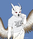 anthro beak bottomless clothed clothing feathers feet looking_at_viewer looking_up looking_up_at_viewer machine male red_eyes shirt shirt_only size_difference smaller_male smug_eyes smug_face solo t-shirt talon_hands text text_on_clothing toes topwear topwear_only tuft white_body white_feathers wings kirossa meme_clothing thieu_(thieutheowl) android avian bird eurasian_eagle-owl horned_owl owl robot true_owl english_text hi_res meme