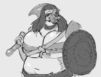 anthro axe battle_axe big_breasts breasts clothed clothing female female_anthro front_view headgear headwear holding_axe holding_object holding_shield huge_breasts mouth_closed navel overweight overweight_anthro overweight_female shield solo standing jezzlen mollie_(jezzlen) canid canine canis domestic_dog mammal monochrome sketch