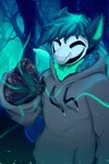 anthro blue_body blue_fur blue_hair claws clothing forest fur glowing grey_clothing hair hoodie magic male mask plant solo tail topwear tree pockyco canid canine canis hybrid mammal wolf 2:3 absurd_res hi_res portrait