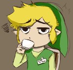 beverage blonde_hair clothing container cup hair hat headgear headwear humanoid_pointy_ears light_body light_skin male not_furry pointy_ears simple_background solo text fratellanza nintendo the_legend_of_zelda wind_waker toon_link humanoid hylian english_text