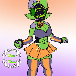 anthro belly big_breasts breasts cheek_tuft clothing costume embarrassed facial_tuft female fur green_body green_fur halloween_costume halloween_themed holidays legwear machine solo squish thigh_highs thigh_squish torn_clothing tuft wallkisser halloween cofi_(wallkisser) jackenstein's_pumpkin protogen 1:1