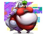 anthro belly big_belly big_breasts bracelet breasts clothed clothing collar ear_piercing eyeshadow female food fur green_hair grey_body grey_fur hair half-closed_eyes huge_belly jewelry love_handles machine makeup morbidly_obese morbidly_obese_anthro morbidly_obese_female multicolored_hair narrowed_eyes obese obese_anthro obese_female one_eye_closed overweight overweight_anthro overweight_female piercing pizza pizza_in_mouth solo spiked_bracelet spiked_collar spikes stuffing white_hair yellow_eyes garuda_six five_nights_at_freddy's five_nights_at_freddy's:_security_breach scottgames steel_wool_studios roxanne_wolf animatronic canid canine canis mammal robot wolf 2023 digital_media_(artwork) hi_res