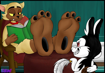 3_toes anthro black_body black_eyebrows black_fur black_pawpads book brown_body brown_fur chair cheek_tuft collar duo eyebrows facial_tuft feet foot_focus footstool fur fur_markings fur_tuft furniture gloves_(marking) green_book holding_feather holding_object holding_rope humanoid_feet imminent_tickling leg_markings looking_at_another loose_feather male markings multicolored_body multicolored_fur narrowed_eyes on_chair pawpads pink_sclera plantigrade reading reading_book red_collar red_eyes rope sitting sitting_on_chair smile socks_(marking) tan_body tan_fur teeth toes tuft white_body white_fur white_loose_feather yellow_sclera kdasdrawsff bunnicula_(series) bunnicula chester_(bunnicula) domestic_cat felid feline felis lagomorph leporid mammal rabbit siamese_cat vampire digital_media_(artwork) hi_res