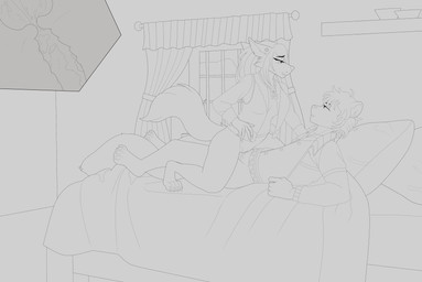 4_toes 5_fingers anthro anthro_on_anthro anthro_penetrated anthro_penetrating anthro_penetrating_anthro bangs bed bedroom bent_arm bent_leg black_eyebrows blush bodily_fluids bottomless bottomless_anthro bottomless_female bottomless_male bowl claws clothed clothed_anthro clothed_female clothed_male clothed_sex clothing container cowgirl_position cum cum_in_vagina cum_inside duo ear_piercing ejaculation eye_contact eyebrow_through_hair eyebrows eyelashes feet female female_penetrated fingers fluffy fluffy_tail from_front_position furniture genital_fluids genitals grey_bedding grey_blanket grey_clothing grey_eyes grey_hair grey_mouth grey_nose grey_penis grey_pillow grey_shirt grey_tail grey_topwear grey_vest grey_wall hair half-closed_eyes inside internal internal_vaginal interspecies long_tail looking_at_another looking_pleasured lying lying_on_bed male male/female male_penetrating male_penetrating_female motion_lines narrowed_eyes on_back on_bed on_bottom on_top open_clothing open_mouth open_smile open_topwear open_vest paws penetration penis piercing pillow pole sex shelf shirt short_hair smile smiling_at_another smiling_at_each_other tail toe_claws toes topwear translucent translucent_hair vest vulva wall_(structure) window window_curtains elcastorblanco fzzr mocha_(wolfoxnall) canid canine canis felid mammal pantherine tiger wolf 2024 black_and_grey digital_drawing_(artwork) digital_media_(artwork) english_description hi_res monochrome multiple_scenes