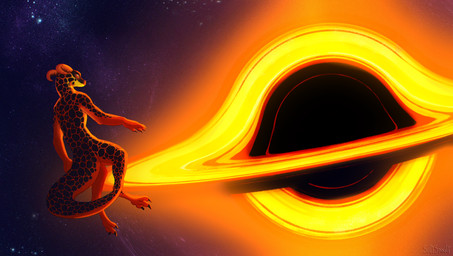 anthro black_body black_hole black_scales female horn orange_body orange_scales scales solo space star tail sillysnaily molten_(darkenwynder) kobold scalie 2025 hi_res