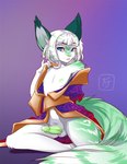 2015 anthro asian_clothing balls biped blue_eyes clothed clothing digital_media_(artwork) dragonfu ear_tuft east_asian_clothing erection eyebrow_through_hair eyebrows eyelashes felid femboy fur genitals green_body green_fur green_hair green_penis hair humanoid_genitalia humanoid_penis japanese_clothing kimono looking_at_viewer male mammal minxen multicolored_hair nipples partially_clothed penis pinup pose rabiah seductive shaded simple_background sitting smile solo translucent translucent_hair tuft two_tone_hair undressing white_body white_fur white_hair yellow_sclera