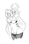 ambiguous_gender anthro antlers bra buckteeth clothed clothing duo ear_piercing eye_contact featureless_crotch female female_anthro freckles hair hand_on_hip horn human_on_anthro interspecies legwear long_hair looking_at_another no_underwear piercing pubic_mound scarf short_hair standing teeth thigh_highs underwear v-olk deltarune undertale_(series) kris_(deltarune) noelle_holiday deer human mammal 2022 hi_res monochrome sketch