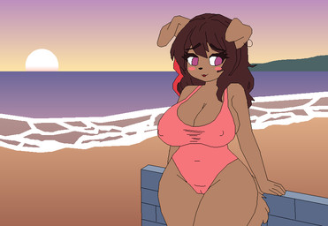aged_up anthro beach big_breasts blep breasts brown_body brown_fur camel_toe clothing female fur one-piece_swimsuit shy solo sunset swimwear tongue tongue_out checksout sheily_(checksout) canid canine mammal