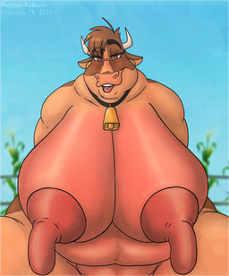 anthro areola belly big_areola big_belly big_breasts big_butt big_nipples black_eyebrows breasts brown_body brown_fur butt collar corn cow_nose cowbell cowbell_collar ear_piercing ear_ring eyebrows female fence food fur hair horn huge_breasts huge_butt huge_nipples long_nipples looking_at_viewer multicolored_body multicolored_fur nipples open_mouth orange_eyes overweight overweight_anthro overweight_female piercing pink_areola pink_nipples pink_tongue plant ring_piercing sagging_breasts short_hair sky solo tan_body tan_fur teeth_showing thick_eyebrows tongue rhynobullraq maggie_(home_on_the_range) bovid bovine cattle mammal digital_drawing_(artwork) digital_media_(artwork) hi_res