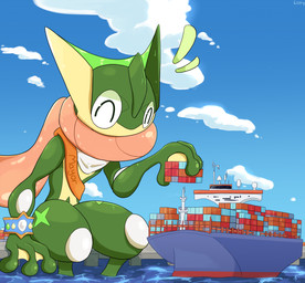 ambiguous_gender anthro biped bracelet cargo_ship container day emanata eyes_closed gentle_giant green_body green_skin happy holding_container holding_object jewelry macro macro_anthro macro_helping mayor membrane_(anatomy) merchant_ship outside partially_submerged pier sash ship shipping_container sitting solo text vehicle water watercraft webbed_hands listrymistery nintendo pokemon fan_character grenerous generation_6_pokemon greninja pokemon_(species) 2024 absurd_res artist_name english_description english_text hi_res