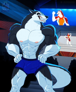 anthro big_bulge breasts bulge clothing detailed_bulge female fighting_ring flexing group leotard male male_focus muscular solo_focus wrestling_briefs juxtapex balto_(series) universal_studios jenna_(balto) steele_(balto) canid canine canis domestic_dog husky mammal nordic_sled_dog spitz hi_res