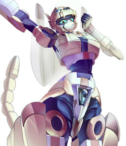 black_body blue_eyes eyelashes female female_humanoid looking_at_viewer low-angle_view machine markings mecha mouthless orange_body raised_arm segmented_tail simple_background small_waist solo striped_markings stripes visor_eyes white_body wide_hips yellow_body iewyrh3q9i10429 metal_cardbot tachy_(metal_cardbot) cheetah felid feline humanoid mammal robot robot_humanoid 2026 digital_drawing_(artwork) digital_media_(artwork) hi_res