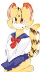 anthro blue_bottomwear blue_clothing blue_skirt bottomwear clothed clothed_anthro clothed_female clothing female female_anthro fur looking_at_viewer multicolored_body multicolored_fur school_uniform shirt simple_background skirt solo tail topwear uniform white_background white_clothing white_shirt white_topwear yellow_body yellow_fur tao6648 kemono_friends serval-chan felid feline mammal serval 9:16 digital_drawing_(artwork) digital_media_(artwork) hi_res portrait