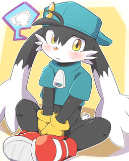 anthro backwards_baseball_cap backwards_hat baseball_cap black_body black_fur blue_baseball_cap blue_clothing blue_shirt blue_topwear bodily_fluids bottomless bottomless_male clothed clothing covering covering_crotch embarrassed footwear fur gloves handwear hat headgear headwear kemono looking_at_viewer male navel red_clothing red_footwear red_shoes red_sneakers shirt shoes simple_background sitting sitting_on_ground sneakers solo speech_bubble sweat topwear yellow_clothing yellow_eyes yellow_gloves yellow_handwear young young_anthro young_male kemoizumi bandai_namco klonoa_(series) klonoa domestic_cat felid feline felis mammal 2025 4:5 hi_res japanese_description
