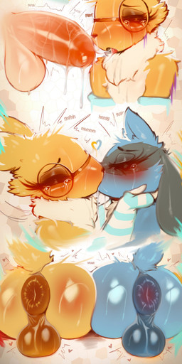 anthro anus armwear backsack balls big_anus blue_body blue_fur blush bodily_fluids clothing cum cum_in_mouth cum_inside cum_kiss darkened_anus darkened_balls darkened_genitalia deep_throat digiphilia duo eyes_closed eyewear femboy french_kissing fur genital_fluids genitals glasses huge_anus hyper hyper_anus interspecies kissing male male/male oral oral_penetration penetration pokephilia puffy_anus snowballing tail tears yellow_body yellow_fur sagaris_uwu bandai_namco digimon nintendo pokemon canid digimon_(species) generation_4_pokemon human lucario mammal pokemon_(species) renamon absurd_res crossover hi_res