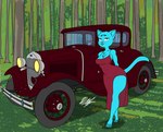 1930s 4_toes anthro antique_car barefoot blue_body blue_fur breasts car clothing detailed_background dress feet female forest fur grass motor_vehicle plant red_clothing red_dress solo toes tree vehicle vintage_car delta_dewitt cartoon_network ford the_amazing_world_of_gumball nicole_watterson domestic_cat felid feline felis mammal digital_media_(artwork) signature