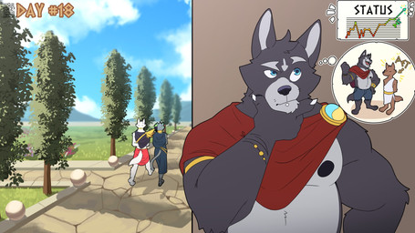 anthro armband armor black_nose blue_clothing blue_eyes bottomwear bracelet brooch cape clothing cloud footwear fur graph grey_body grey_fur group hand_on_chin hands_behind_back jewelry male male_anthro mountain nipples pants pauldron piercing plant red_bottomwear red_clothing robe sandals shirtless shirtless_anthro shirtless_male shoeless shoes thinking thought_bubble trio white_body white_clothing white_fur soradezwolfox adastra adastra_(series) echo_project alexios_(adastra) amicus_(adastra) cassius_(adastra) canid canine canis felid feline mammal wolf 16:9 2024 hi_res widescreen