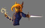 action_pose anthro armor beak blue_clothing clothing gambeson gloves glowing hair handwear magic male melee_weapon orange_hair pointing_sword pose solo sword weapon elvella mythology suthe_(golddrake) avian gryphon mythological_avian mythological_creature half-length_portrait hi_res portrait