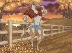 abs anthro autumn autumn_leaves balls_outline big_pecs bottomwear braided_hair brown_body brown_fur bulge clothed clothed_anthro clothed_male clothing cowboy cowboy_hat cowboy_outfit crop_top curved_horn detailed_background detailed_bulge femboy flannel flannel_shirt fully_clothed fully_clothed_anthro fully_clothed_male fur genital_outline hair half-closed_eyes hat headgear headwear hooves horn hotpants looking_at_viewer male markings multicolored_body multicolored_fur muscle_tone muscular muscular_anthro muscular_arms muscular_femboy muscular_male muscular_thighs narrowed_eyes outside pecs pigtails pose quads shirt shorts skimpy smile smiling_at_viewer solo spots spotted_body spotted_fur spotted_markings tail tail_tuft tan_body tan_fur tan_spots tied_clothing tied_shirt topwear tuft two_tone_body two_tone_fur wide_hips dullvivid bovid bovine cattle mammal absurd_res hi_res