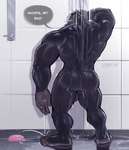 anthro balls barely_visible_balls barely_visible_genitalia bathing black_body black_fur bubble_butt butt dialogue fur genitals male muscular muscular_male nude plantigrade rear_view showering soap solo speech_bubble standing text water wet razzper don't_drop_the_soap ape gorilla haplorhine mammal primate english_text hi_res