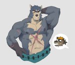 abs anthro armpit_hair blue_body blue_fur body_hair brown_body brown_fur dark_nipples dry_mouth duo eye_scar facial_scar fur gloves_(marking) hair kerchief male markings missing_eye navel nipples pecs ponytail raised_arm scar shirtless tan_body tan_fur st4rsbucks anothereidos_of_dragon_vein_r orta_(anothereidos_r) pollon_(anothereidos_r) canid canine canis jackal mammal wolf hi_res