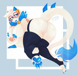 all_fours anthro areola bell big_breasts big_butt big_ears blue_areola blue_background blue_body blue_claws blue_clothing blue_eyes blue_fur blue_horn blue_legwear blue_lipstick blue_nipples blue_stockings bodily_fluids breasts butt claws clothing cum cum_inside eyewear female floppy_ears fur genital_fluids glasses head_tuft horn huge_breasts huge_butt lactating leaking_cum legwear lipstick long_tail looking_at_viewer looking_back looking_back_at_viewer lop_ears makeup milk neck_tuft nipples pawpads rear_view round_glasses simple_background solo stockings tail tail_tuft tuft white_background white_body white_fur pumulauwu atlyss angela_flux oathkin_(atlyss) hi_res