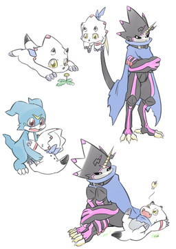 anthro belt black_body black_sclera blue_body blue_cape blue_clothing cape carrying_another claws clothing crossed_arms evolutionary_family feet flower group horn kerchief lying male neckerchief neckwear on_back on_front open_mouth open_smile plant red_eyes simple_background sitting sitting_on_ground size_difference smile tail talons toes trio white_background white_body white_eyes yellow_eyes sansyonoki64 bandai_namco digimon digimon_(species) gammamon gulusgammamon veemon hi_res