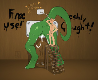 bdsm bestiality bodily_fluids bondage bound butt captured cum cum_drip dripping duo female feral free_use genital_fluids green_body human_on_feral interspecies ladder male questionable_consent reptile_tail size_difference teratophilia wall_hole tj-45 mythology dragon human mammal mythological_creature mythological_scalie reptile scalie