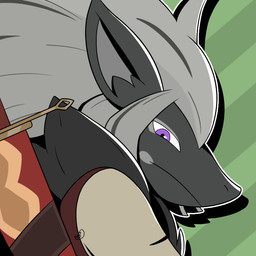ambiguous_gender black_body clothed clothing green_background grey_hair hair looking_at_viewer melee_weapon pointy_ears purple_eyes scabbard shadow simple_background solo sword sword_on_back weapon duren-kun limbus_company nintendo pokemon project_moon lucio_(limbus_company) generation_5_pokemon hybrid pokemon_(species) zoroark 1:1 icon shaded signature simple_shading