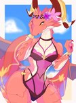 anthro breasts claws clothed clothing female horn red_body smile solo swimwear white_body wings konayu_craft cygames dragalia_lost mythology nintendo brunhilda_(dragalia_lost) dragon mammal mythological_creature mythological_scalie scalie 2021 absurd_res digital_media_(artwork) hi_res